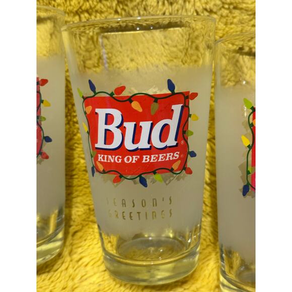 BUD King of Beers Pint Glass (Seasons Greetings) Frosted with Lights set of 4 - Picture 4 of 8